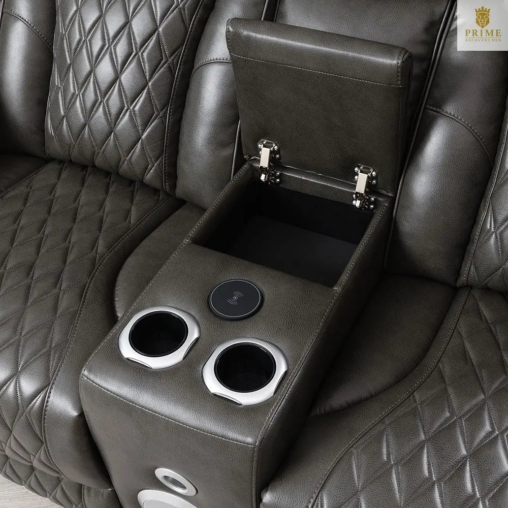 Taddeo - Power Motion Loveseat With Console, Speaker, USB, Wireless Charger & LED - Dark Gray