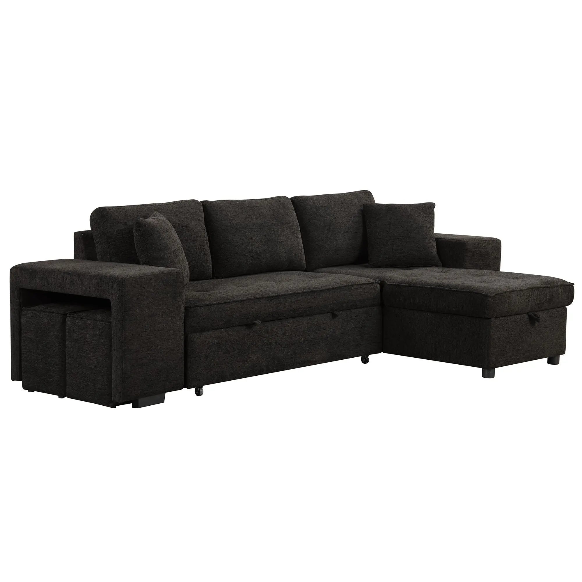 Modern L-Shape 3 Seat Reversible Sectional Couch, Pull Out Sleeper Sofa With Storage Chaise And 2 Stools For Living Room Furniture Set Unique Piece Furniture