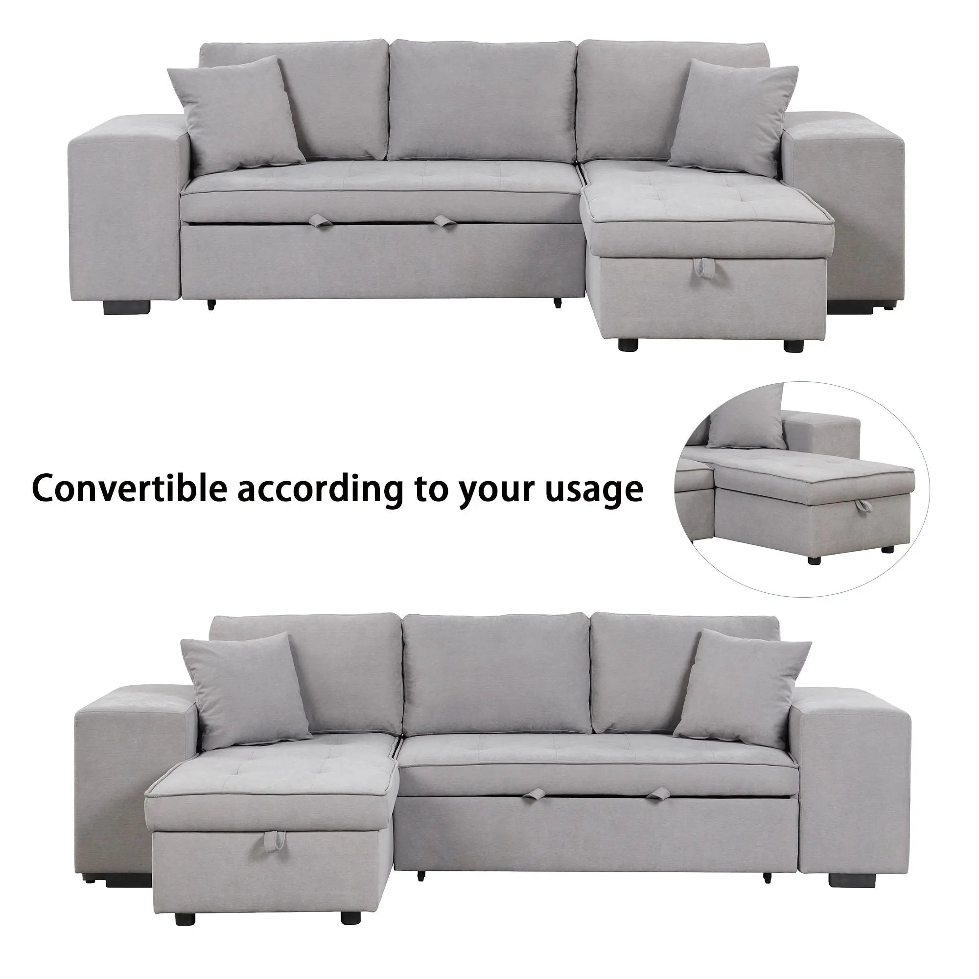 Modern L-Shape 3 Seat Reversible Sectional Couch, Pull Out Sleeper Sofa With Storage Chaise And 2 Stools For Living Room Furniture Set Unique Piece Furniture