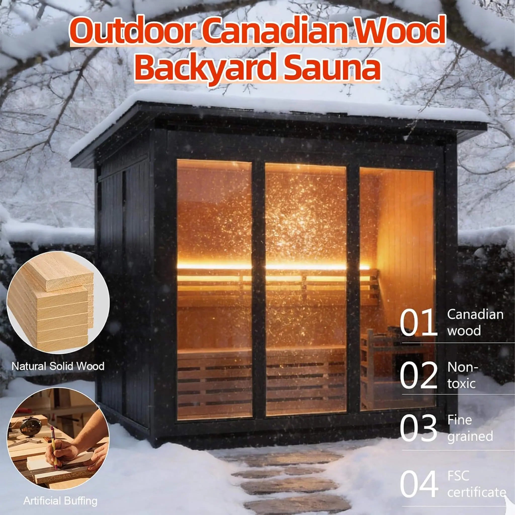 Custom 6-Person Luxury Canadian Hemlock Outdoor Steam Sauna With Heater And Stones [Made-To-Order] (SAK63821) SAKSBY WHOLESALE