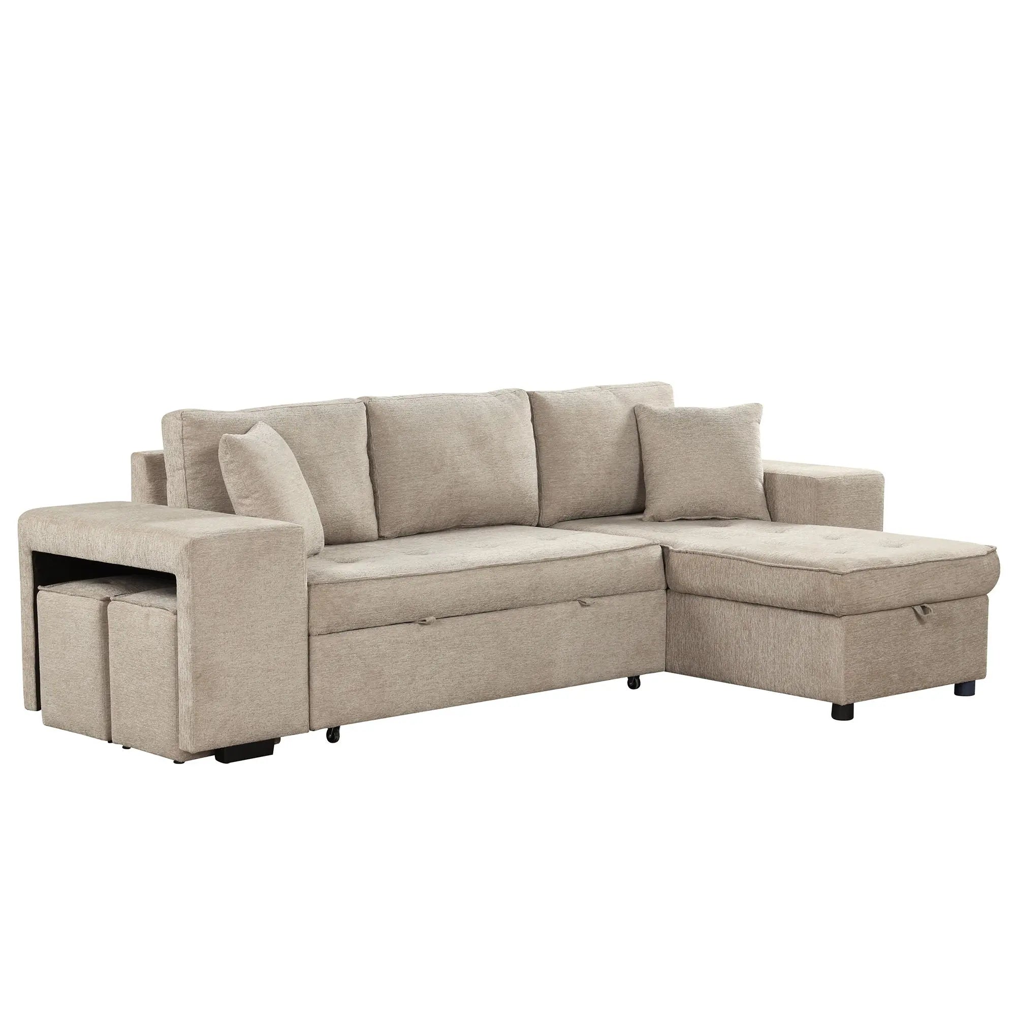 Modern L-Shape 3 Seat Reversible Sectional Couch, Pull Out Sleeper Sofa With Storage Chaise And 2 Stools For Living Room Furniture Set Unique Piece Furniture
