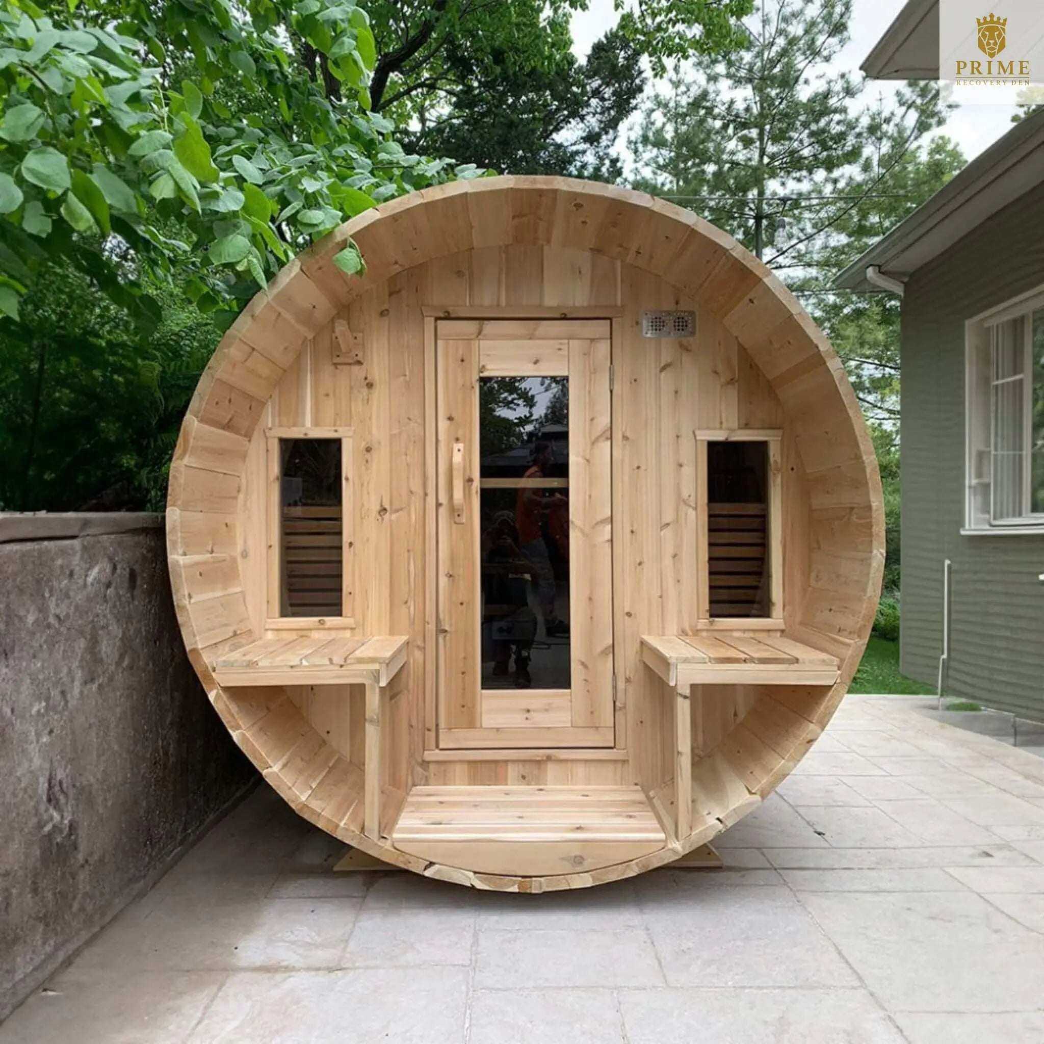 Dundalk Leisurecraft 6-Person Canadian Timber Tranquility Barrel Sauna With Front Porch [CTC2345W] (SAK96814) SAKSBY WHOLESALE
