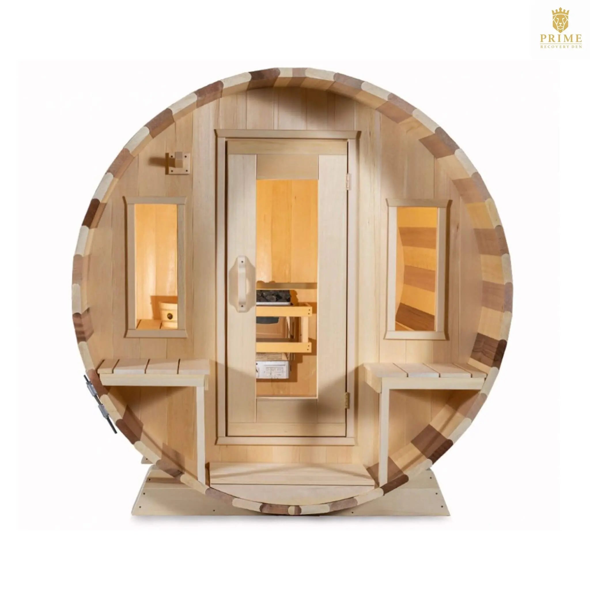 Dundalk Leisurecraft 6-Person Canadian Timber Tranquility Barrel Sauna With Front Porch [CTC2345W] (SAK96814) SAKSBY WHOLESALE