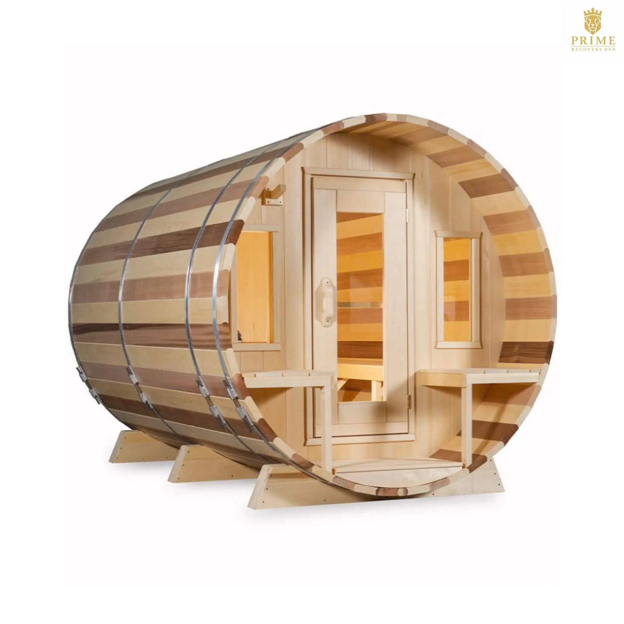Dundalk Leisurecraft 6-Person Canadian Timber Tranquility Barrel Sauna With Front Porch [CTC2345W] (SAK96814) SAKSBY WHOLESALE