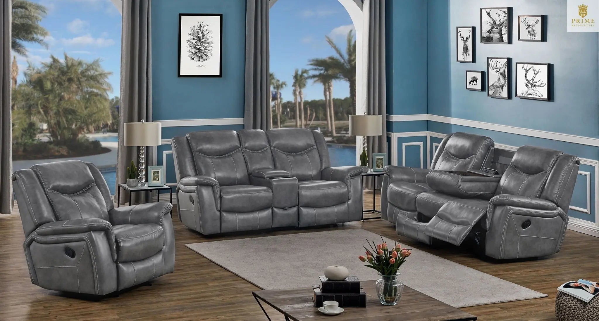 Conrad 3-piece Upholstered Padded Arm Motion Sofa Set Grey