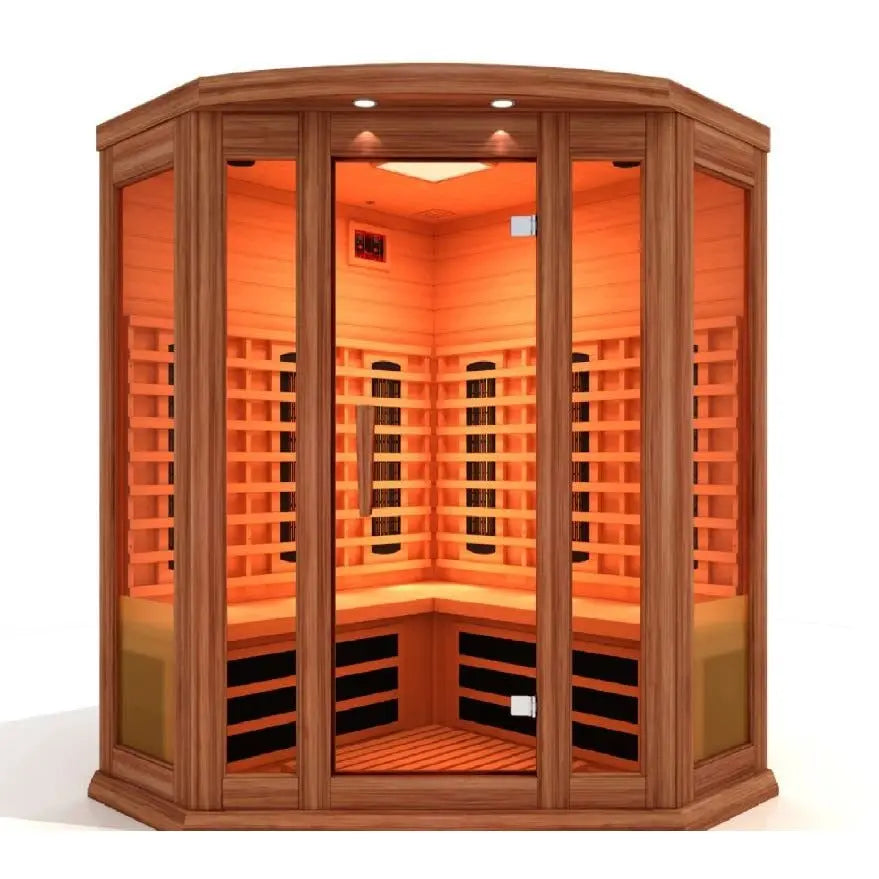 Maxxus 3-Person Corner Full Spectrum Near Zero EMF FAR Infrared Sauna with Canadian Red cedar The Sauna Solution LLC