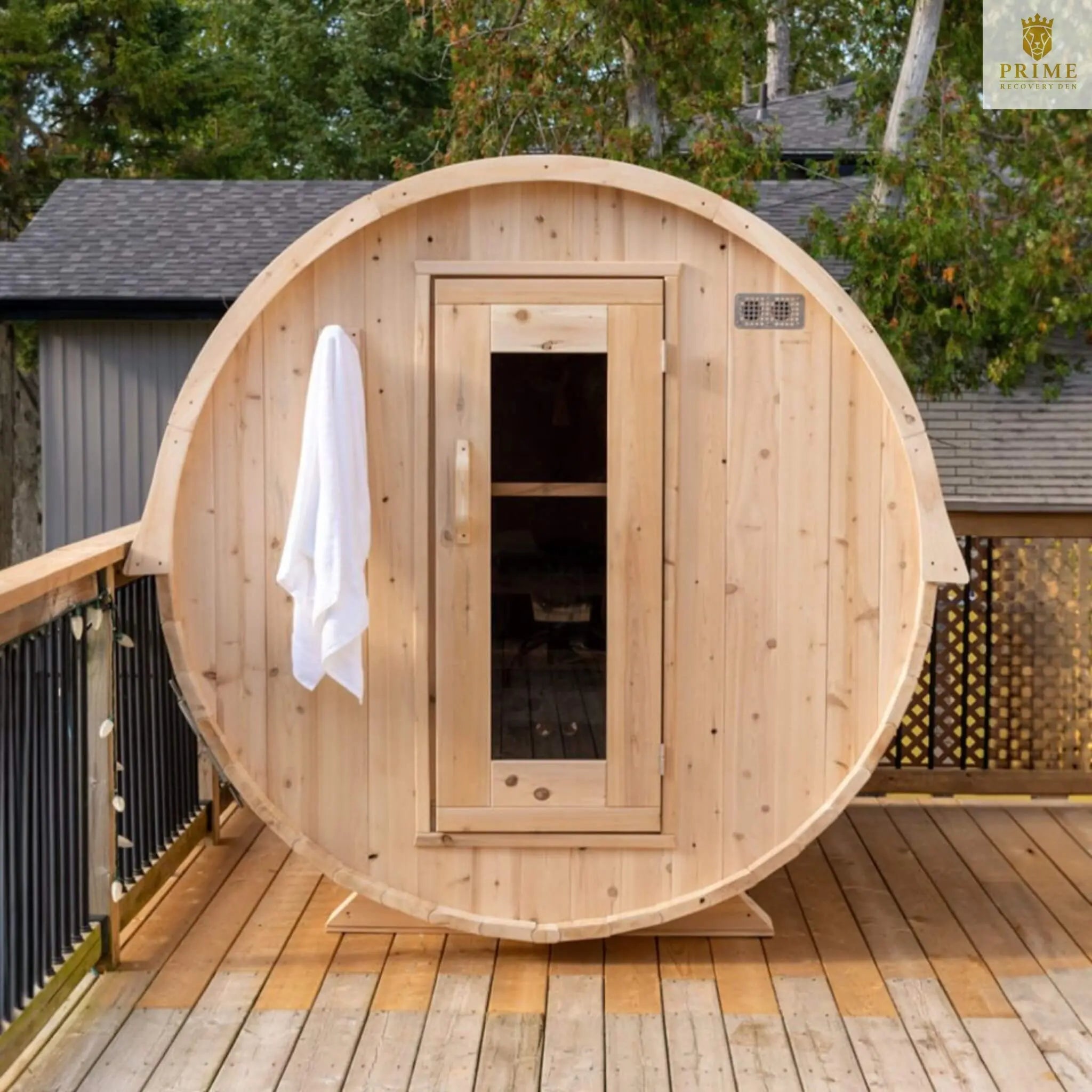 Dundalk Leisurecraft 84-Inch 4-Person Canadian Timber Harmony Barrel Sauna With Solid Wood Benches [CTC22W] (SAK96842) SAKSBY WHOLESALE