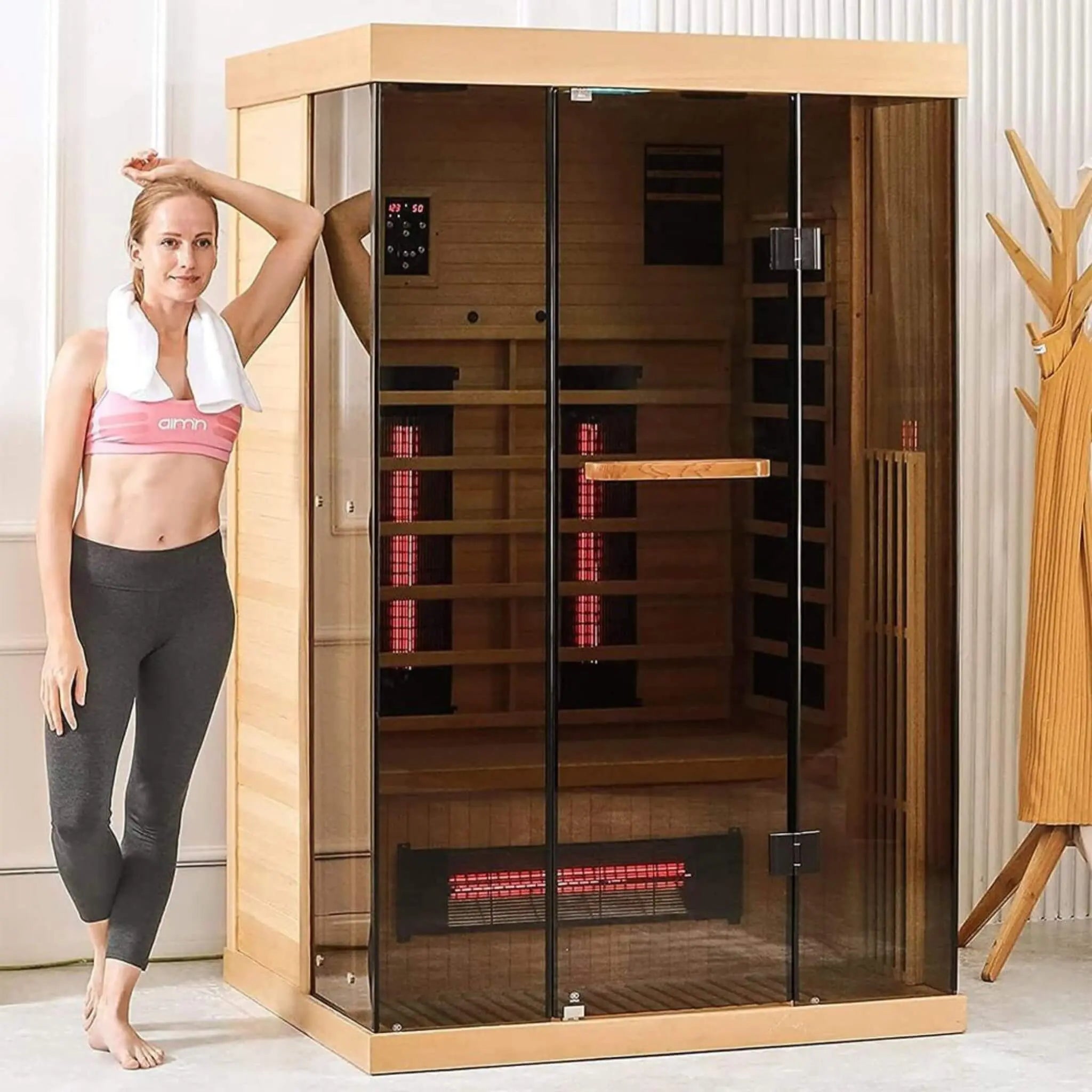 Thermora Valen Luxury 2000W 2-Person Low EMF FAR Infrared Heat Wood Home Personal Spa Sauna W/ Panoramic Tempered Glass (SAK27481) SAKSBY WHOLESALE