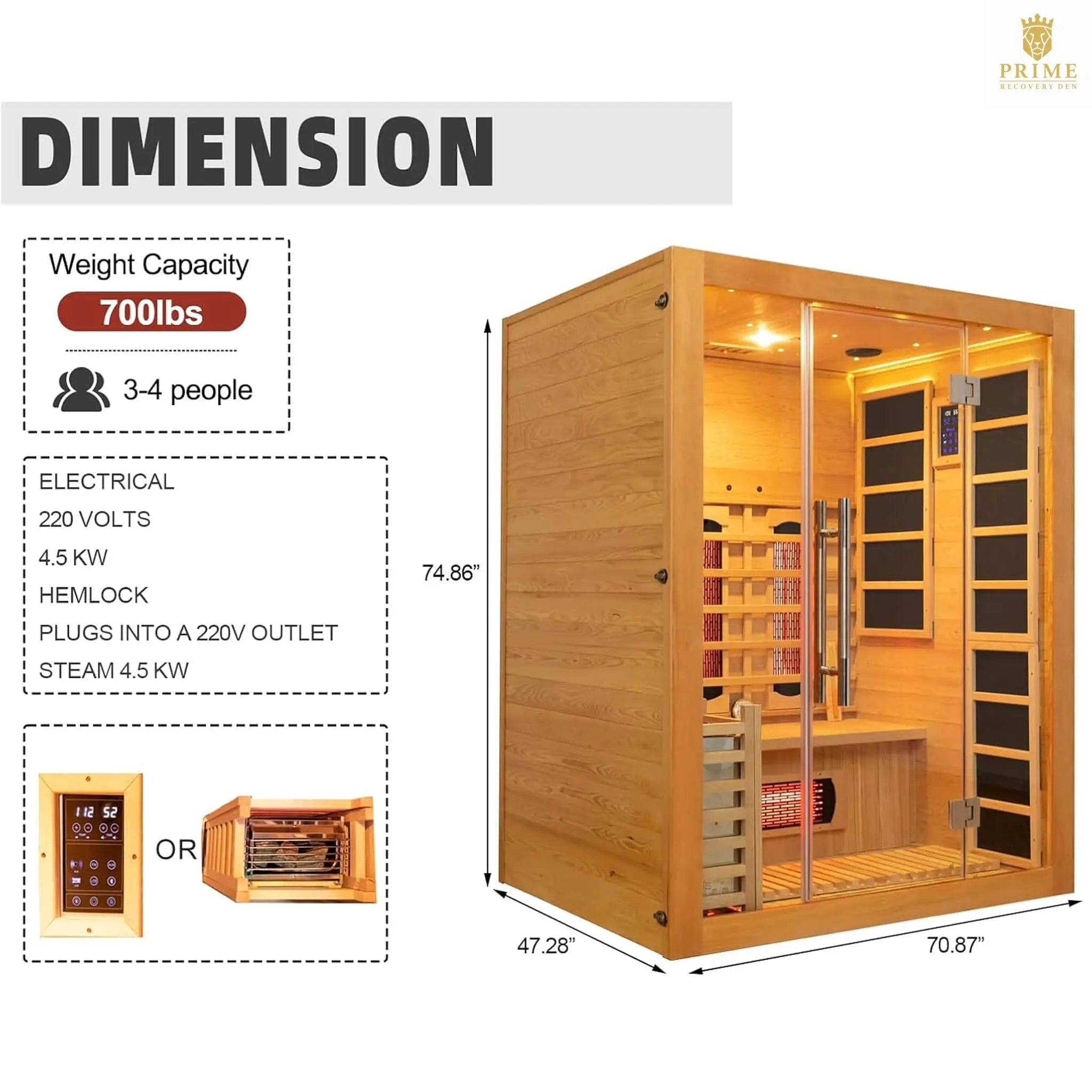 Rövia Aurora 3-Person Indoor Hybrid Sauna Room With Infrared And 4.5KW Steam Heater [Made-To-Order] (SAK41592) SAKSBY WHOLESALE