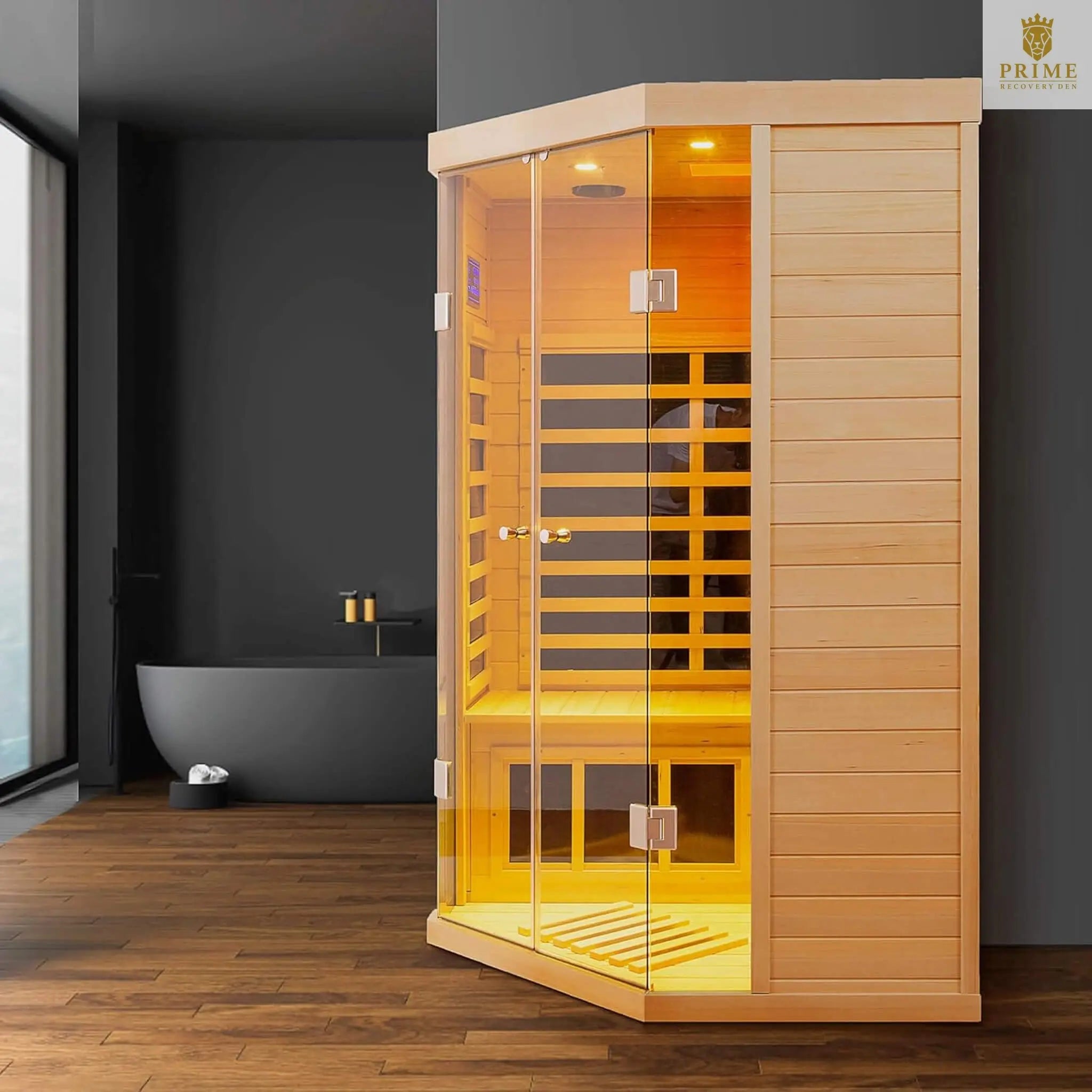 Thermora Laurent Premium 2-Person 1600W Corner Space Infrared Wooden Sauna Room With Bluetooth Speakers (SAK81524) SAKSBY WHOLESALE