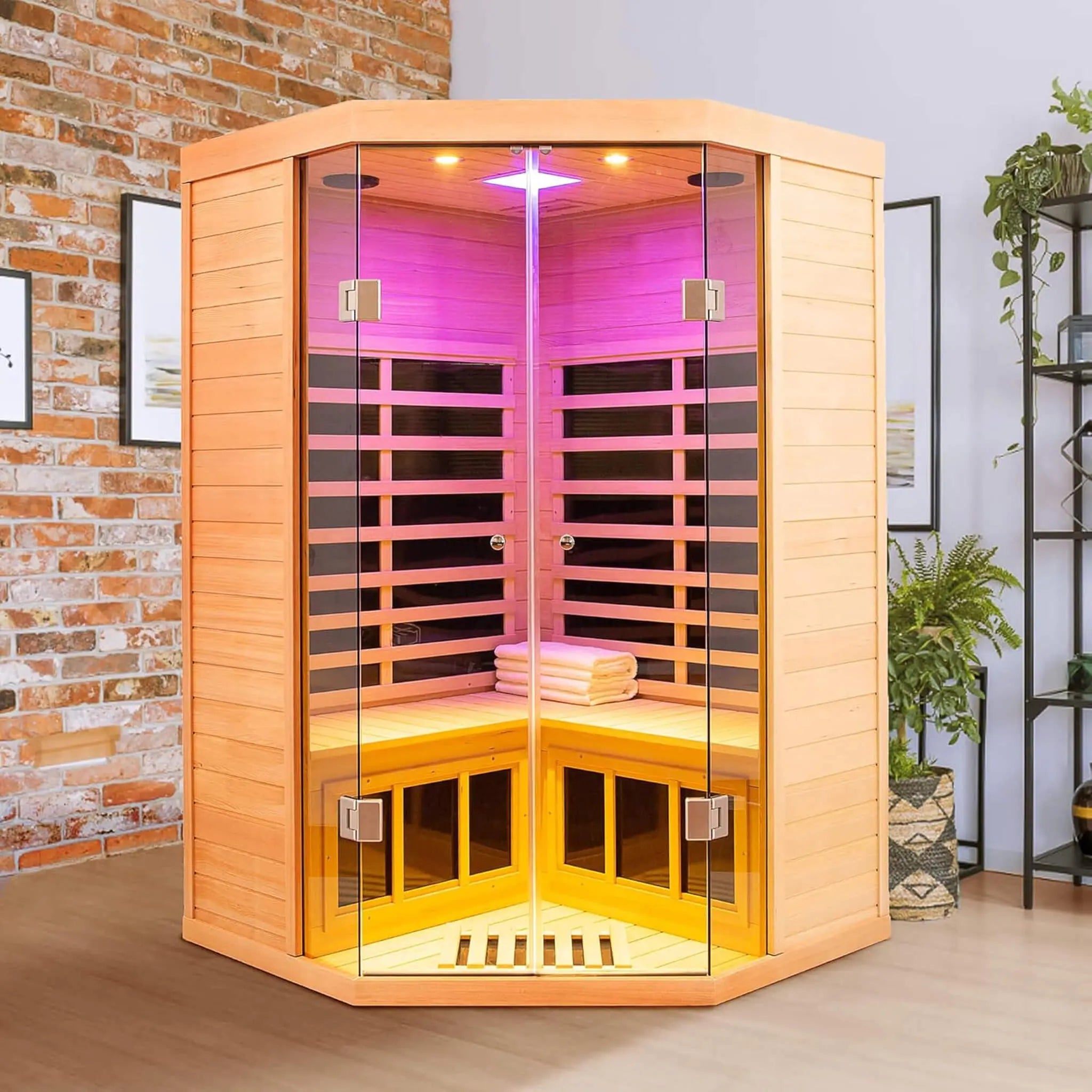 Thermora Laurent Premium 2-Person 1600W Corner Space Infrared Wooden Sauna Room With Bluetooth Speakers (SAK81524) SAKSBY WHOLESALE