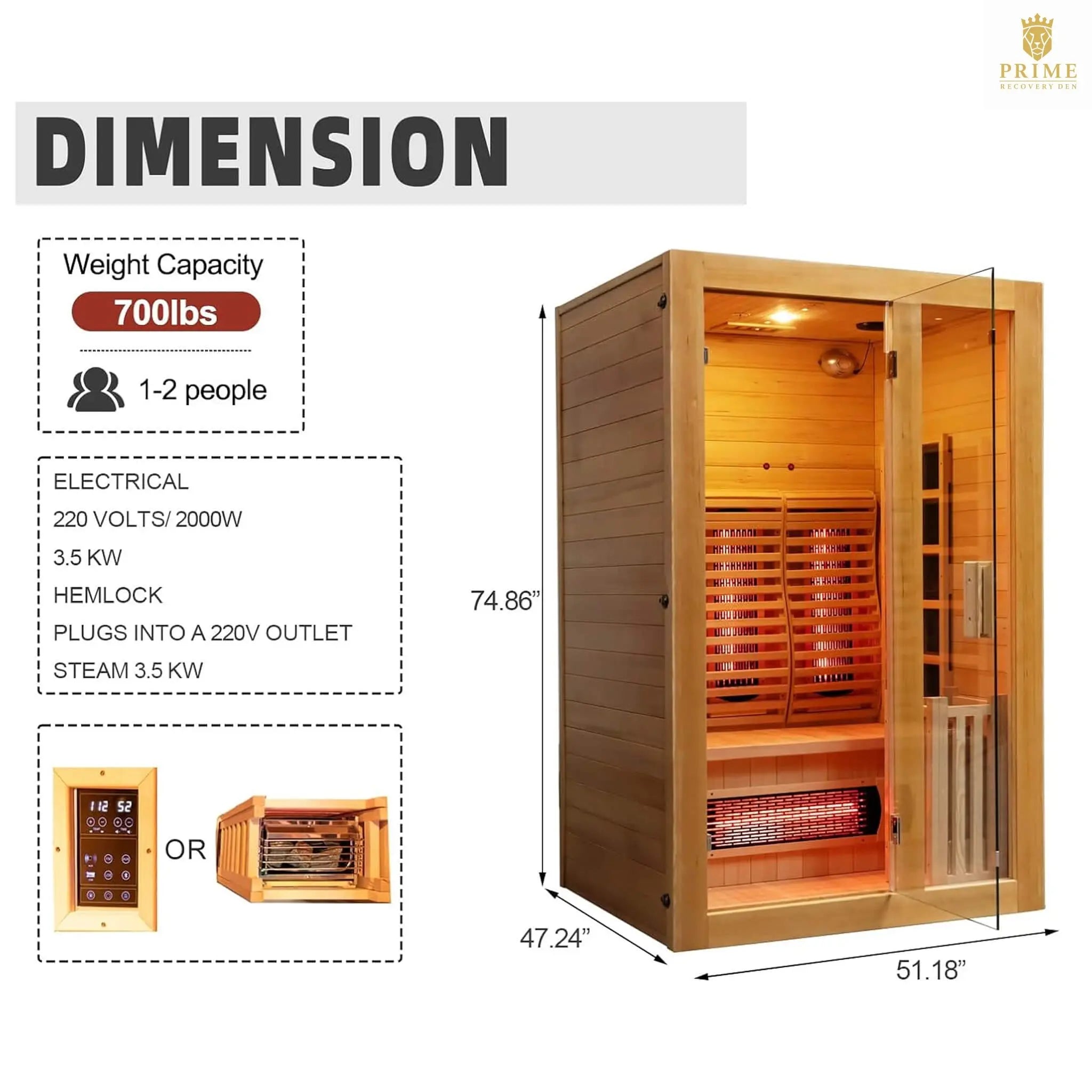 Rövia Luma 2-Person Indoor Hybrid Sauna Room With Infrared And 3.5KW Steam Heater [Made-To-Order] (SAK83750) SAKSBY WHOLESALE